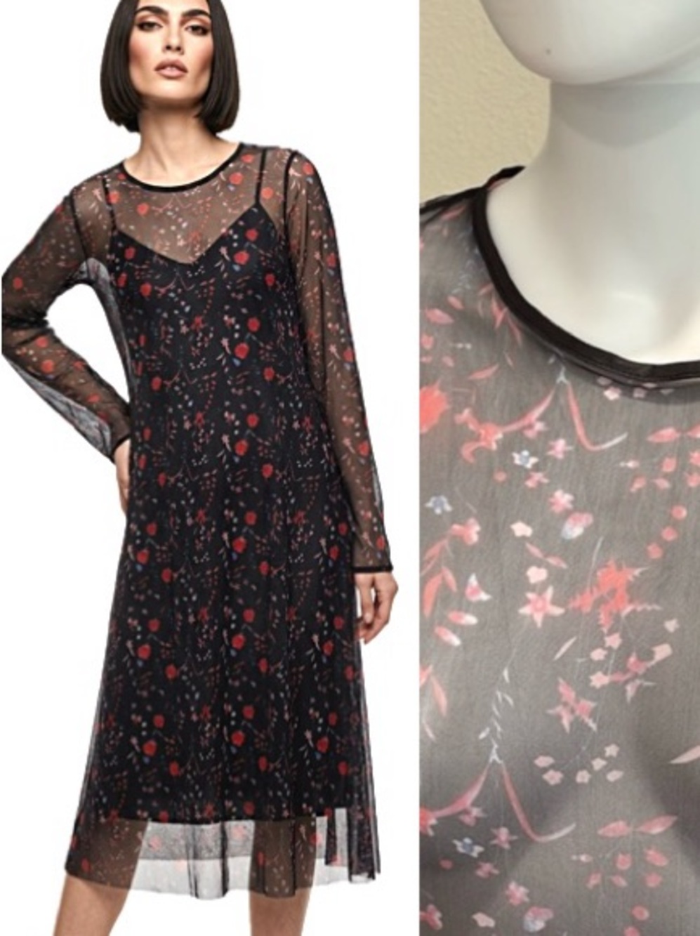 Sheer Black Floral Mesh Overlay Midi Dress Size Large Long Sleeve Fairy Goth